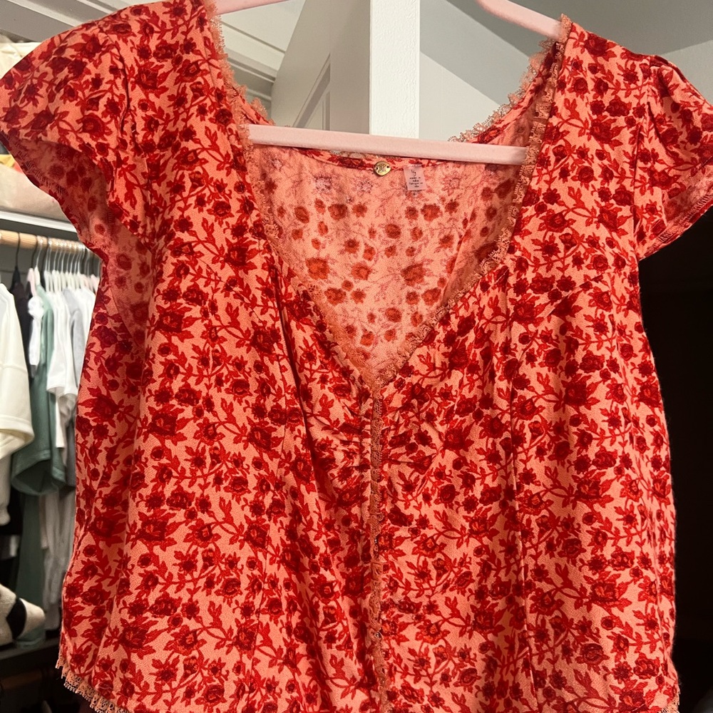 Free People Red Floral Blouse